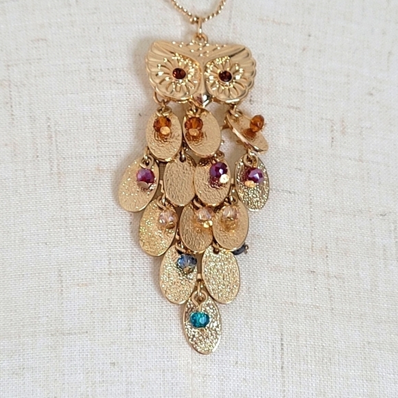 Owl Gold-Tone Multi-Color Rhinestones Layered Feathers Long Pendant Necklace - Picture 1 of 7